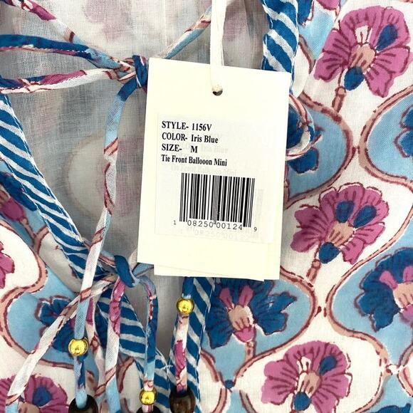 OLIPHANT Tie Front Balloon Sleeve Short Blue Cotton Block Print Dress Tuckernuck - Picture 9 of 16